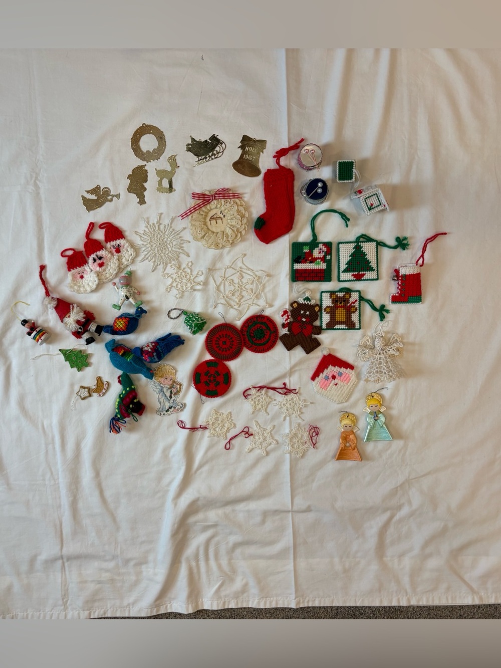 Super Lot Of 47 Vintage Mostly Handmade Christmas Ornaments CrossStitch Crochet